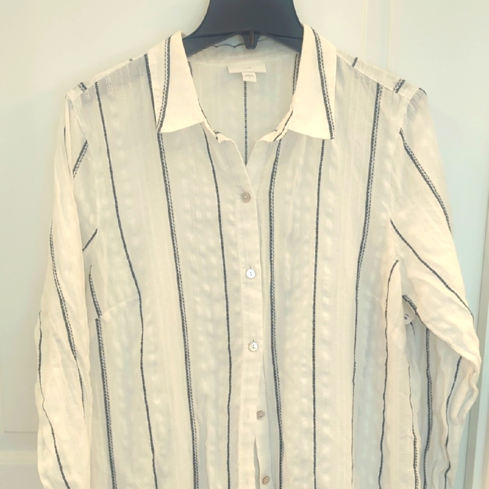 J. Jill White & Black Striped Cotton Blend Button Down Shirt Tunic W Side Slits